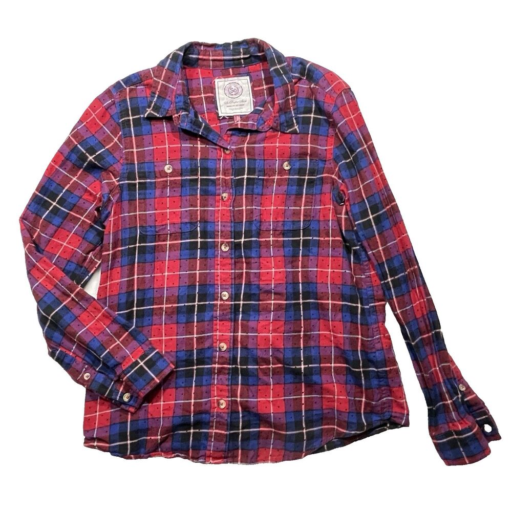 SO Button-Up Shirt Womens Large Red Blue Plaid Polka Dot Long Sleeve Top